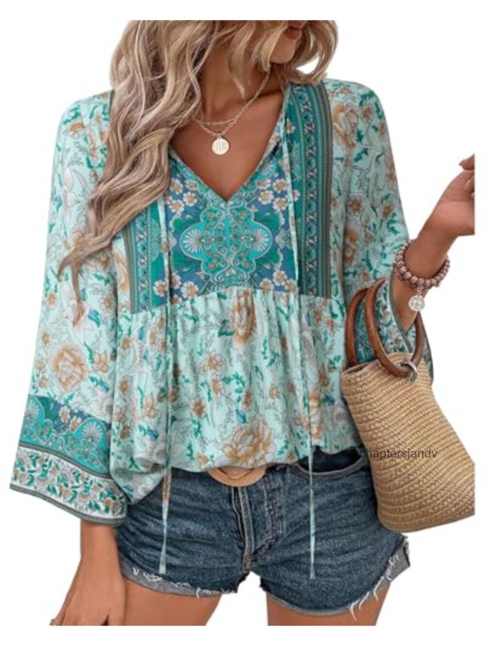 Womens Boho Floral Print 3/4 Sleeve Rayon Blouse Tie Front V-Neck
